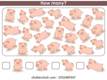 Count how many pigs. Counting game for children. Development of logical and mathematical skills. Tasks for children, developing children's game, sheet for printing. Vector illustration.