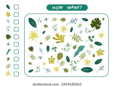 Cuente cuántos elementos vegetales hay. Juego de lógica matemática para niños. Hoja de trabajo impresa para jardines de infancia, preescolar, escuela. Rompecabezas matemático.  ¿Cuántos, contando la tarea con coloridas hojas tropicales?