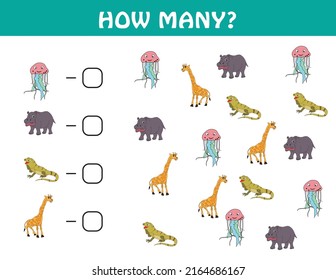 Count how many quantity and write numbers. Math education for kids. Developing counting skills. kids activity worksheet Pages. brain puzzle game. cute vector illustration