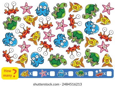 Count how many sea creatures you see, interactive game for children, kindergarden