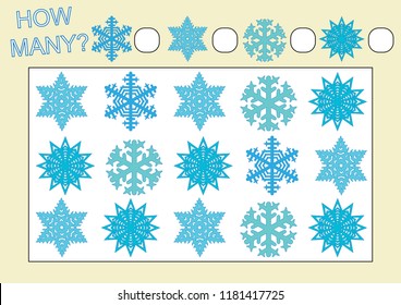 Count how many snowflakes. Educational game for kids. Vector illustration.