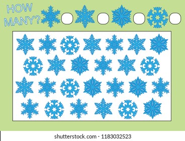 Count how many snowflakes. Educational game for preschool children. Leisure activity. Vector illustration.