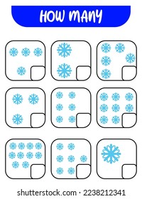 Zähl mal, wie viele Schneeflocken! Schreib die Antwort auf! Erziehungsspiele für Kinder