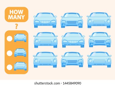 Count how many toy cars is educational game. Maths task development of logical thinking of children.Counting cat games for preschool kids.Flat vector.