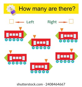  Count how many toy locomotives are turned left and how many are turned right. Vector illustration. 