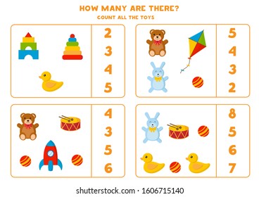 Count how many toys are there. Math game for kids.