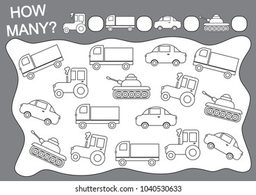 Count how many transports and color. Educational game for children.