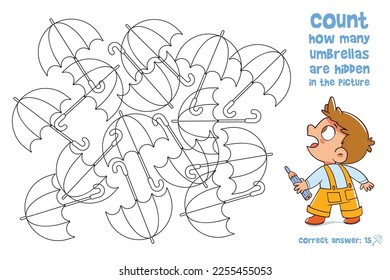 Count how many umbrellas are hidden in the picture. How many items are in picture? Educational game for children. Colorful cartoon characters. Funny vector illustration. Isolated on white background