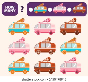 Count how many the van with ice cream is educational game. Maths task development of logical thinking of children.Counting street food car games for preschool kids.Flat vector.