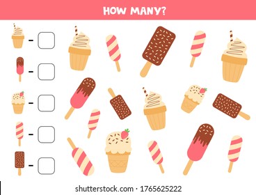 Count How Many Various Ice Creams Are There And Write Down The Answer. Educational Counting Game For Kids. Math Worksheet For Children. 