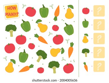 Count how many vegetables and fruits you have and write the number in the square. Math mini game, count the numbers, for kindergarten. Vector illustration of education counting game for preschool kids