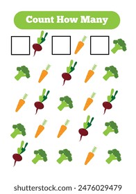 Count How Many Vegetables Game Quiz for Children. Counting educational page for a child