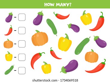 Count How Many Vegetables Are There And Write Down The Answer. Educational Math Game For Kids. Counting Worksheet For Preschoolers. Set Of Cartoon Vector Vegetables.