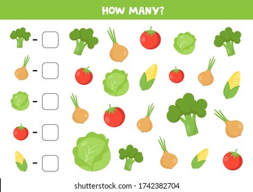 Count How Many Vegetables Are There And Write Down The Result. Math Game For Kids. Educational Worksheet For Children. Set Of Healthy Vegetables.