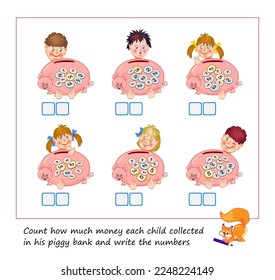 Count how much money each child collected in his piggy bank and write the numbers. Educational page for children. Math education for kids. Printable worksheet for school workbook. Back to school.