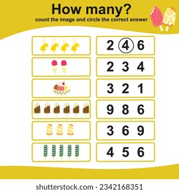 Count the ice cream and circle the correct number. Educational printable math worksheet. Math game for children. Vector illustration file. Fun math activity for kids. 