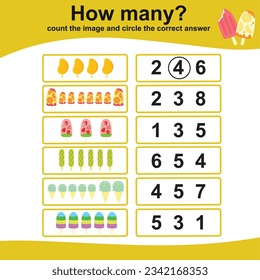 Count the ice cream and circle the correct number. Educational printable math worksheet. Math game for children. Vector illustration file. Fun math activity for kids. 