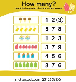 Count the ice cream and circle the correct number. Educational printable math worksheet. Math game for children. Vector illustration file. Fun math activity for kids. 
