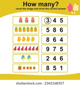 Count the ice cream and circle the correct number. Educational printable math worksheet. Math game for children. Vector illustration file. Fun math activity for kids. 