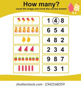 Count the ice cream and circle the correct number. Educational printable math worksheet. Math game for children. Vector illustration file. Fun math activity for kids. 
