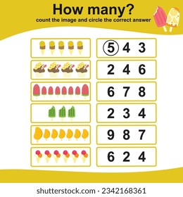 Count the ice cream and circle the correct number. Educational printable math worksheet. Math game for children. Vector illustration file. Fun math activity for kids. 