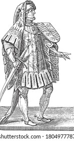 Count John of Bavaria, full-length and turned to the right, with sword. His coat of arms has four quarters: two with four lion ramparts and two with diagonals, vintage engraving.