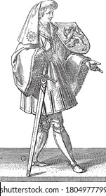 Conde John I de Holanda, en su totalidad. La punta de su espada está en el suelo. Un león trepando sobre el escudo de armas, grabando en vano.