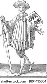 El conde Juan II de Holanda, en su totalidad. La punta de su espada está en el suelo. En el escudo de armas cuatro leones trepadores, grabado vintage.