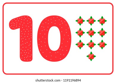 Count for kids. Vector illustration. Berries. Color numbers. The study of mathematics for children of kindergarten, preschool age. Ten. 10