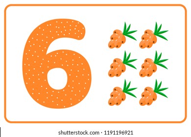 Count for kids. Vector illustration. Berries. Color numbers. The study of mathematics for children of kindergarten, preschool age. Six. 6