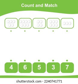 Count and match activity for kids with cute farm animal characters. Educational printable math worksheet for toddlers. Kawaii vector illustration file. The chicken eggs.