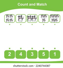 Count and match activity for kids with cute farm animal characters. Educational printable math worksheet for toddlers. Kawaii vector illustration file. The cute dog cartoon.