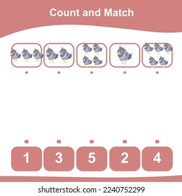 Count and match activity for kids with cute farm animal characters. Educational printable math worksheet for toddlers. Vector illustration file. The pigeon eating popcorn cartoon vector.