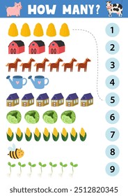 Count and match activity page for kids with cute farm objects and animals. How many puzzle game template for school and preschool. Vector illustration