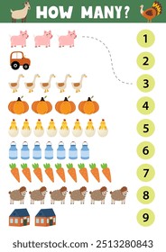 Count and match activity page for kids with cute farm objects and animals. How many puzzle game template for school and preschool. Vector illustration