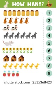 Count and match activity page for kids with cute farm animals and objects. How many puzzle game template for school and preschool. Vector illustration