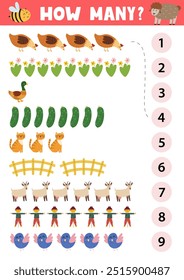 Count and match activity page for kids with cute farm animals and objects. How many puzzle game template for school and preschool. Vector illustration