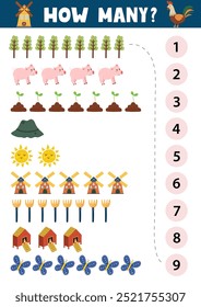 Count and match activity page for kids with cute farm animals and objects. How many puzzle game template for school and preschool. Vector illustration