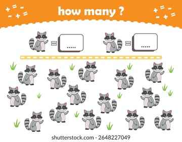 Count and match activity page for kids with cute wild animals. Elementary math for preschool and kindergarten. Vector illustration