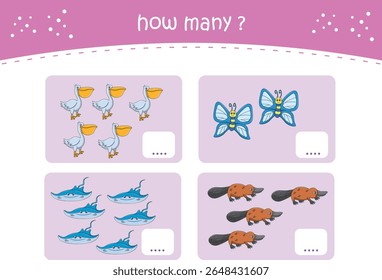 Count and match activity page for kids with cute wild animals. Elementary math for preschool and kindergarten. Vector illustration