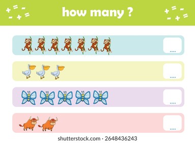 Count and match activity page for kids with cute wild animals. Elementary math for preschool and kindergarten. Vector illustration