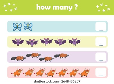 Count and match activity page for kids with cute wild animals. Elementary math for preschool and kindergarten. Vector illustration