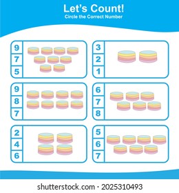Count and Match Birthday Cake Game for kids. Preschool counting game.  Math Worksheet for Preschool. Educational printable math worksheet. Vector illustration. 