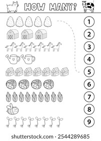 Cuenta y combina la página de actividades en blanco y negro para niños con lindos objetos de granja y animales. Cuántas Plantilla de juego de rompecabezas en el esquema. Ilustración vectorial