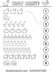 Conte e combine a página de atividade em preto e branco para crianças com objetos de fazenda e animais bonitos. Quantos modelos de jogo de quebra- cabeça em contorno. Ilustração vetorial