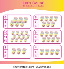 Count and Match Bubble Tea for kids. Unicorn counting game.  Math Worksheet for Preschool. Educational printable math worksheet. Vector illustration.