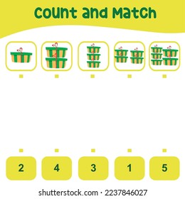 Count and match the Christmas present boxes with the number. Printable worksheet math for kids. This worksheet is suitable for educating the early age children on how to count well. Kawaii vector.