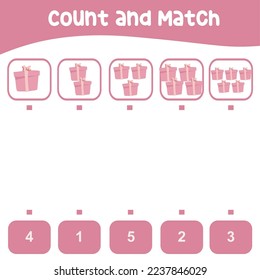 Count and match the Christmas present boxes with the number. Printable worksheet math for kids. This worksheet is suitable for educating the early age children on how to count well. Kawaii vector.