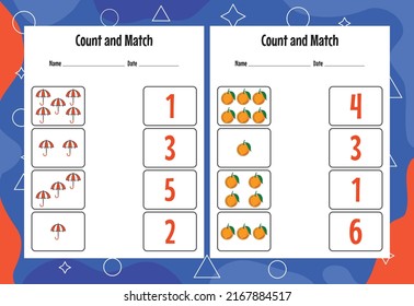 Count and match with the correct number. Matching education game. Count how many items and choose the correct number