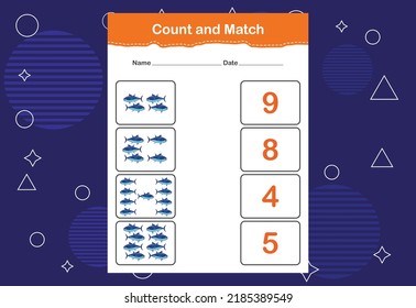 Count and match with the correct number. Matching education game. Count how many items and choose the correct number